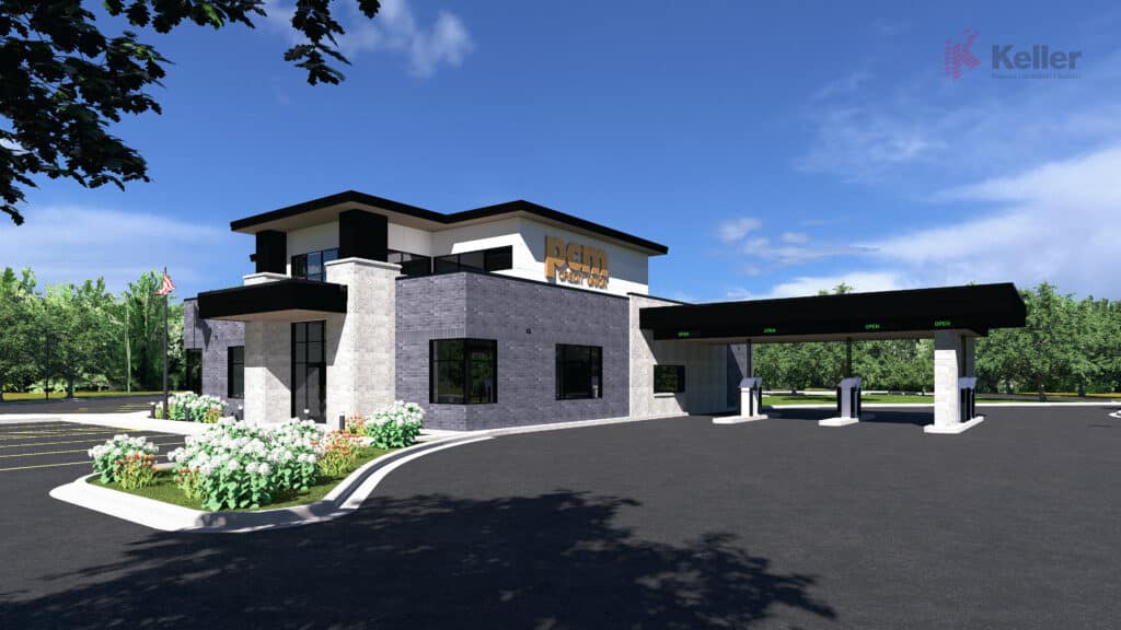 A building rendering with PCMCU logo and drive through spaces