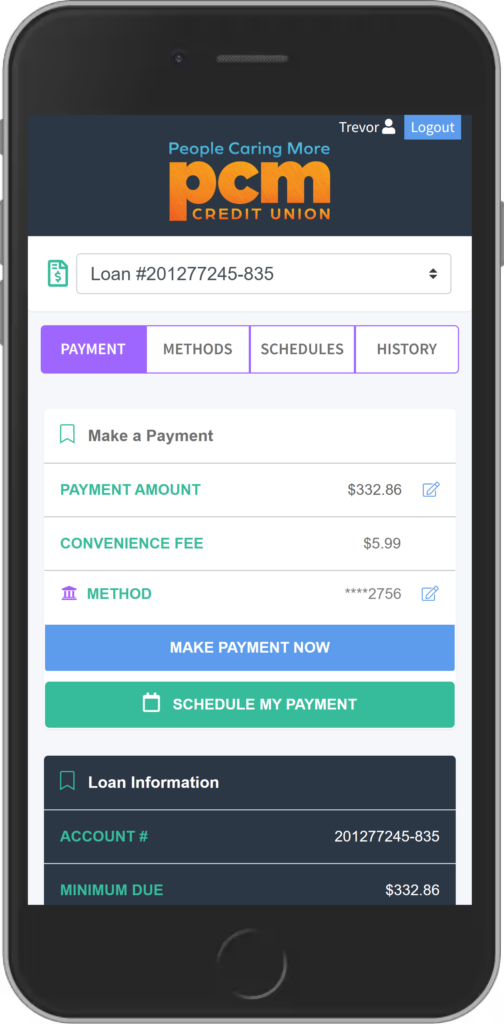 A phone screen with make a payment now and schedule my payment