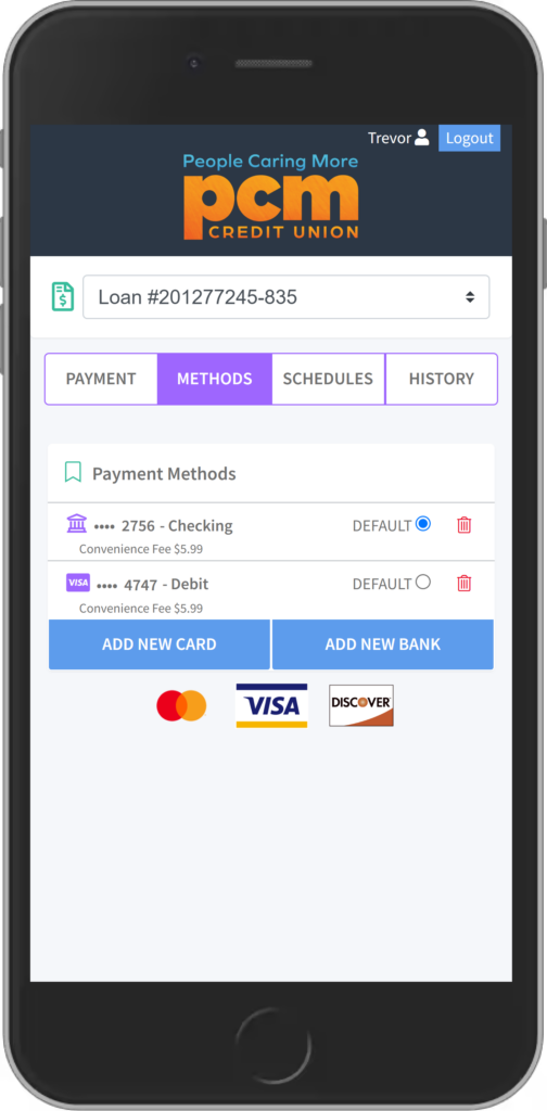 A phone screen with payment methods add a new card or add a new bank